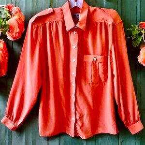 Orange Silk Shirt Long Sleeve Vtg 80’s Hong Kong By HT House Tailor
